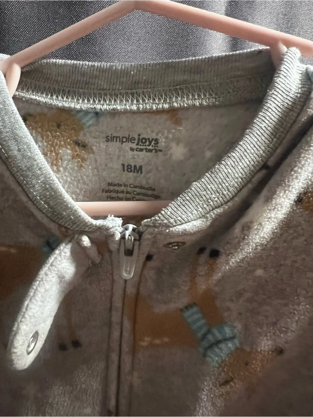 18 M Cozy Grey Footed Baby One-Piece with Reindeer Print